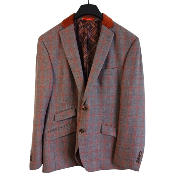 Size Large Mens Coat Blazer Windowpane Plaid Orange Gray NWOT Velvet Old Money - Picture 1 of 7
